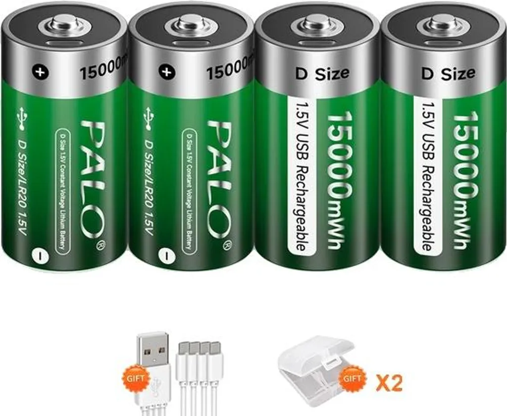 Batterie Li-ion Taille D 1.5V avec Port de Charge USB Intégré, Lot de 4