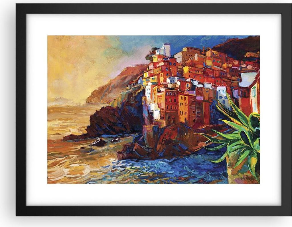 Gerahmtes Poster - Schwarzer Rahmen - Manarola Bunt Öl - 40x30 cm - Wand Bild - Wanddeko - Wandbilder - Kunstposter - Wandposter - Bilderrahmen - ...