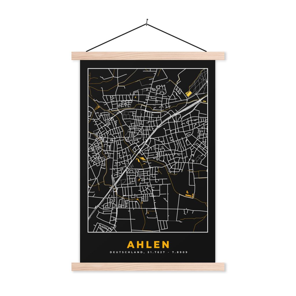 MuchoWow Textilposter Deutschland - Schwarz und Gold - Ahlen - Stadtplan - Karte 120x180 cm mit holzfarbenen Rahmen - Textil-Plakat