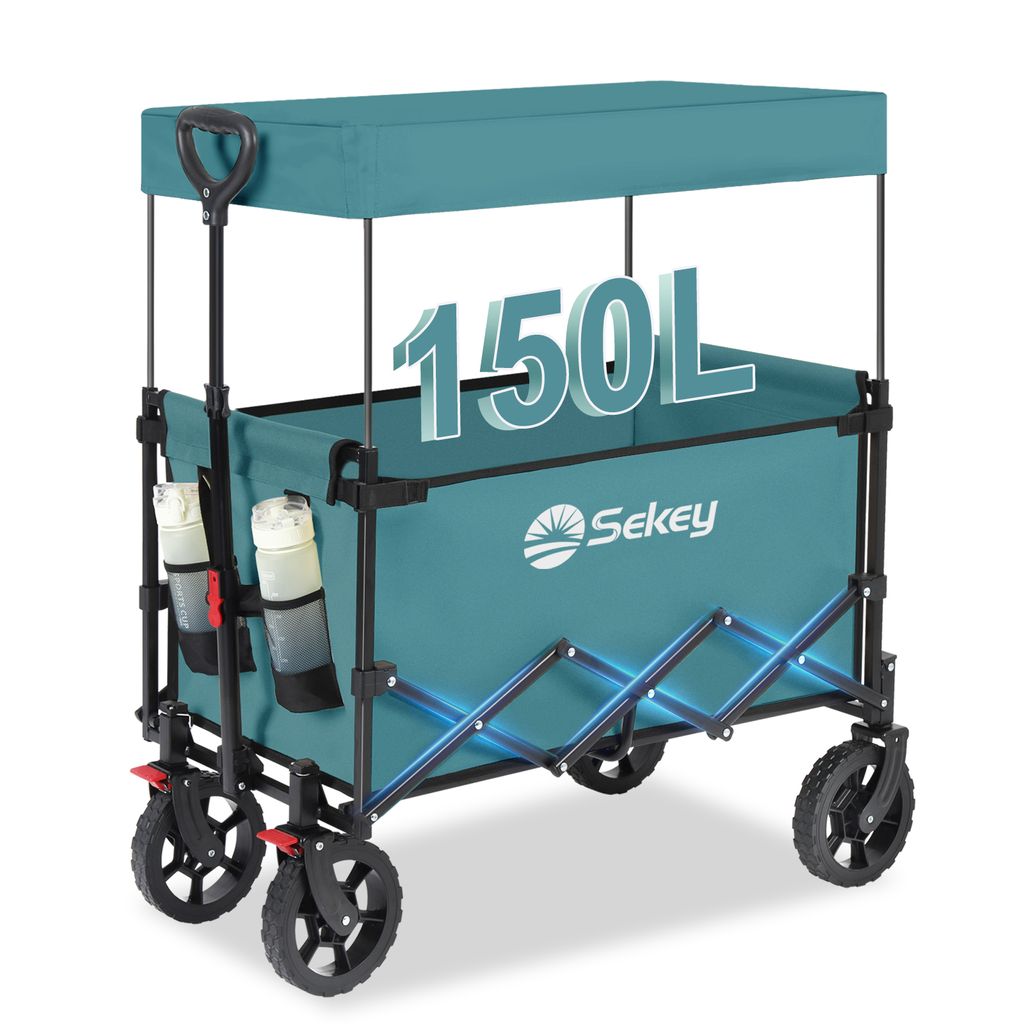 A teal colored wagon with a canopy and the number 150L displayed prominently.