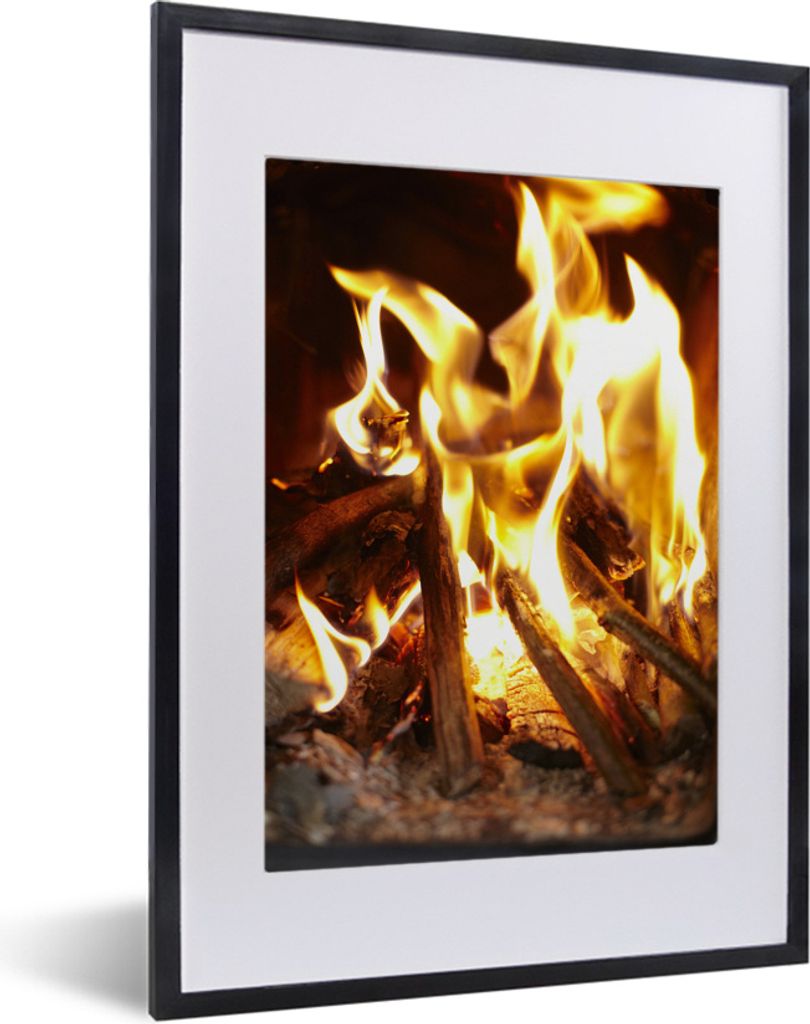 MuchoWow MuchoWow Gerahmtes Poster Ein Kamin mit Feuer 30x40 cm - Poster mit zchwarzem Bilderrahmen - Wandposter Schlafzimmer