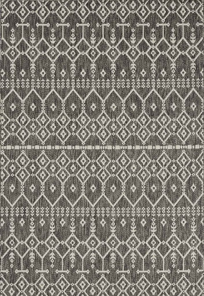 Teppich In- und Outdoor Flachgewebe Terrasse Balkon Wetterfest Wintergarten Robust BOHO geprägtes Design, Farbe:Grau, Maße:140x200 cm