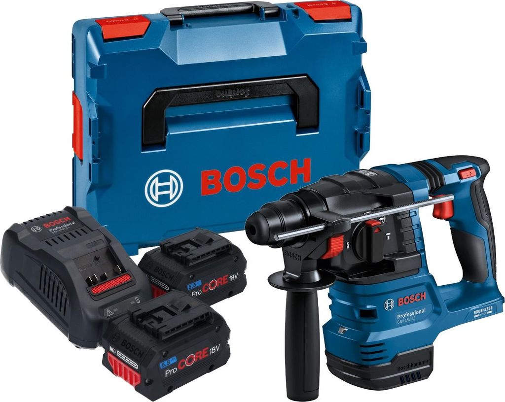 Bosch GBH 18V-22 Professional Akku Bohrhammer 18 V 1,9 J SDS Plus Brushless + 2x ProCORE Akku 5,5 Ah + Ladegerät + L-Boxx
