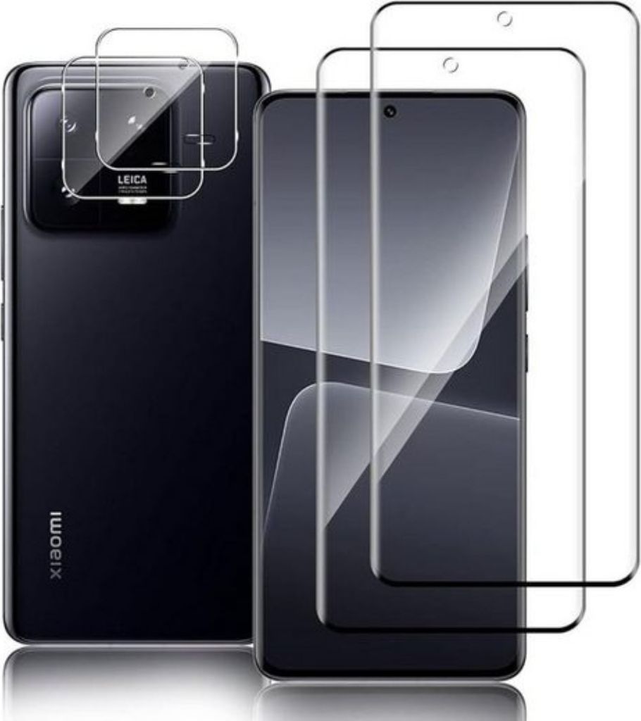 A black smartphone with camera lens protectors and screen protectors displayed.