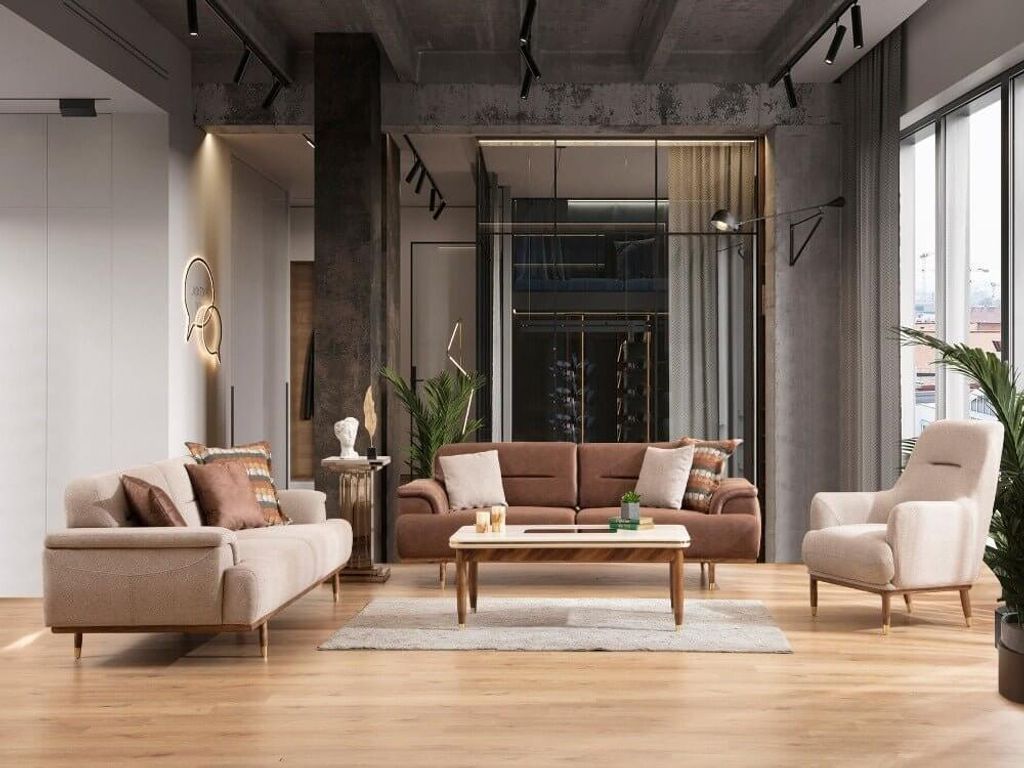 Sitzgruppe/Sofa Set - Wohnzimmergarnitur "Narcissus" 3+3+1-Braun/Beige