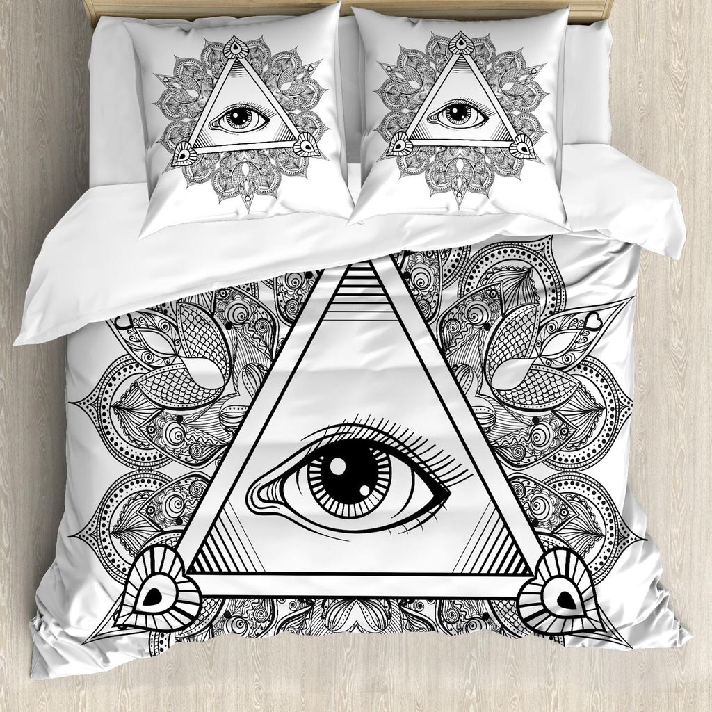 ABAKUHAUS Auge Bettbezug Set, Weinlese alles sehende Auge Tattoo Symbol mit Boho Mandala Providence Spirit Okkultismus, 200 x 200 cm + 80 x 80 cm, ...