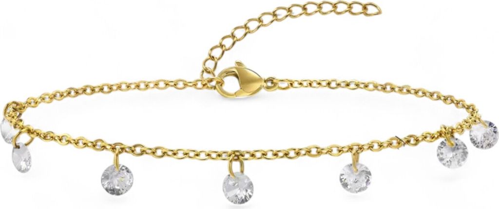 Vergoldetes Edelstahl-Fußkettchen mit Diamantschliff-Zirkonia größenverstellbar Weiß