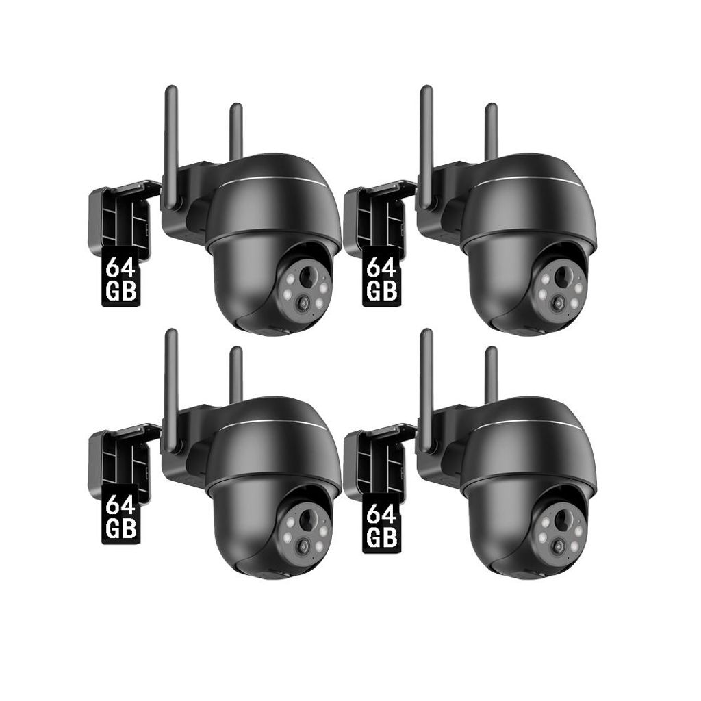 4 Pack 2K+ 5MP WLAN Überwachungskamera mit Audio für Aussen, 2,4/5GHz WiFi, Personen-/Fahrzeug-/Tiererkennung, Nachtsicht, Schwarz, 64GB