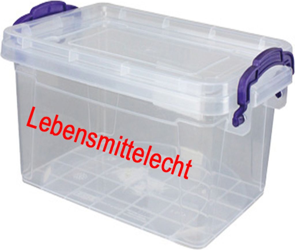A clear plastic storage box with purple clasps and handles, with red text on the side.