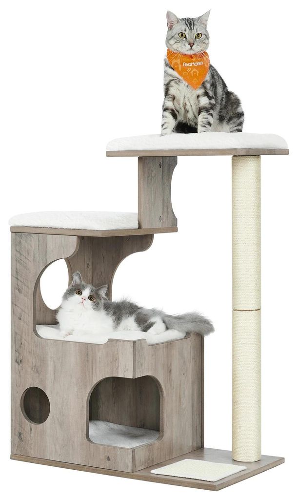 Kratzbaum für Katzen - Kletterbaum - Hoch - Vier Ebenen - Holz - Höhle - Sisal-Kratzmatte - Greige