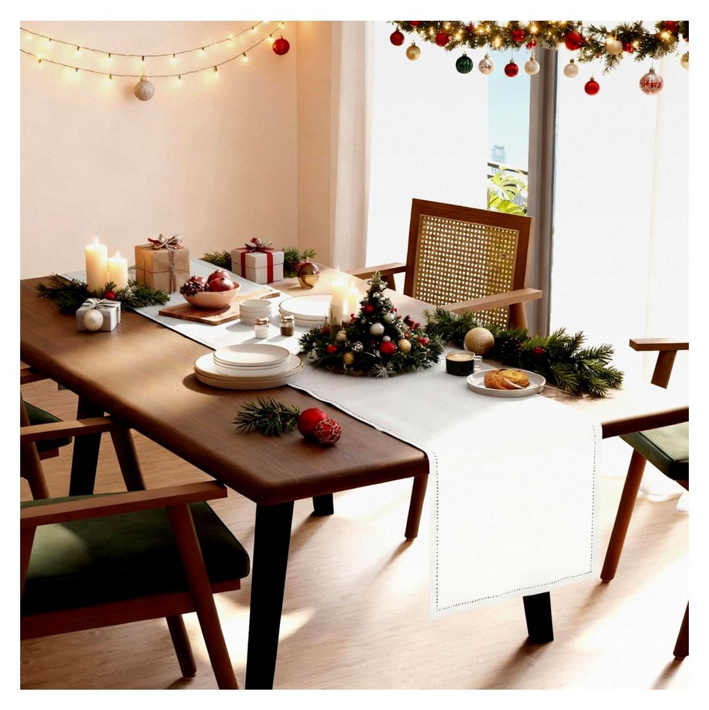 Tischläufer aus reiner Baumwolle mit Hohlsaumdesign | Größe 40x183 cm | Weiß - Maschinenwaschbar