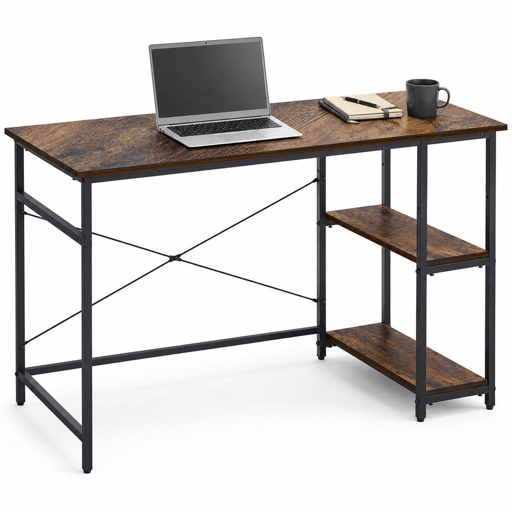 Lina Computertisch, im Industrie Design, aus Holz, 120x60x75cm, Bürotisch, Holz + Regal Schreibtisch, für Wohnzimmer, Büro mit 2 ablagen - Braun