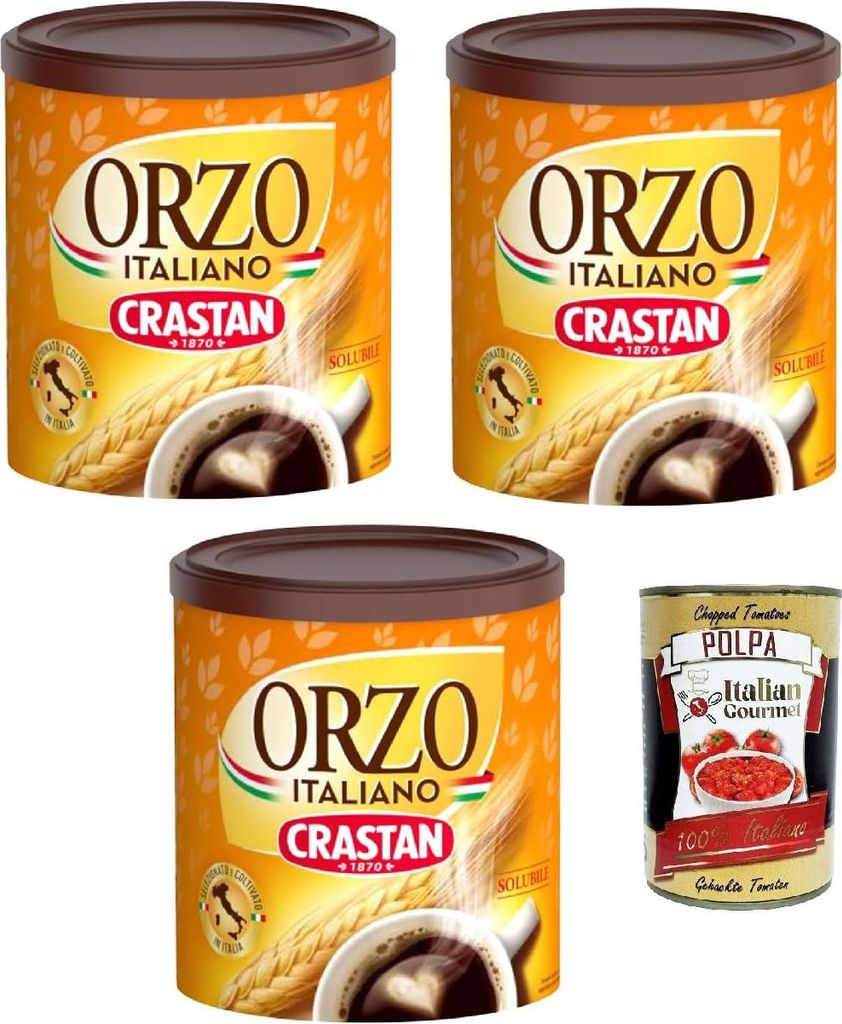 Crastan Orzo 100% italien Instant lösliche Gerste Getreidekaffee Kaffee 3x 120gr + Italian Gourmet polpa 400g
