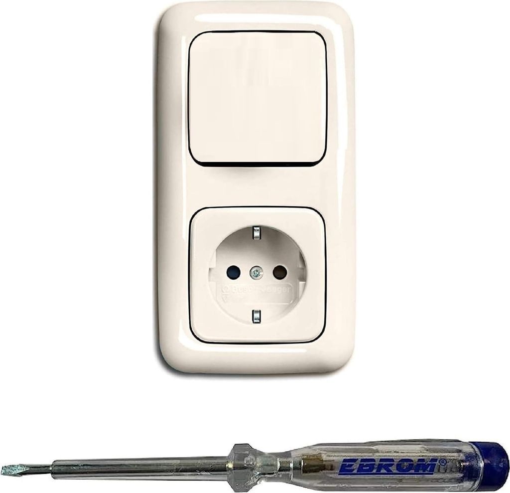 Busch Jäger Lichtschalter Wechselschalter AN/AUS 2000/6 US und Steckdose 20EUC-212 im 2-fach Rahmen in DURO2000 cremeweiß glänzend inklusive EBR...