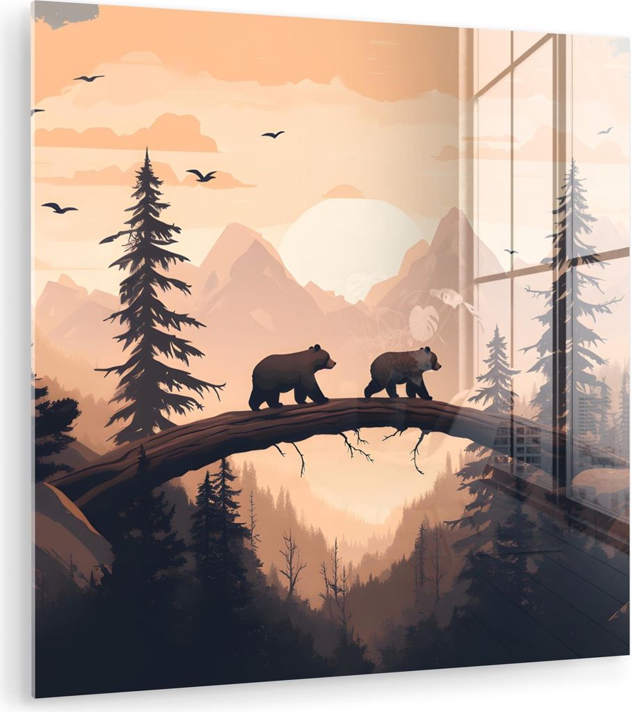 MuchoWow Glasbilder - Bilder auf Wandbild - Foto auf Glas Bären - Bäume - Landschaft - Sonnenuntergang 20x20 cm Wanddekoration aus Glas - Acrylgl...