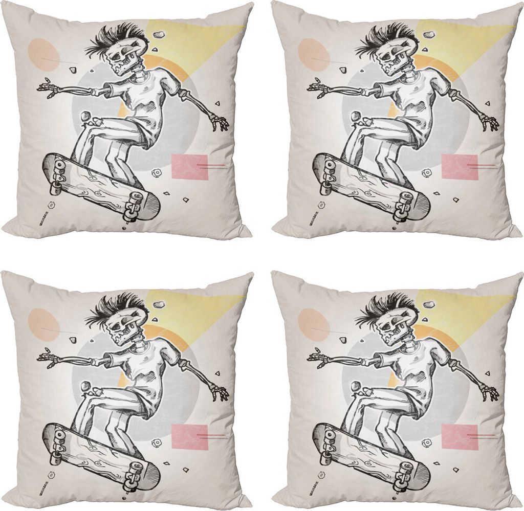 ABAKUHAUS Schädel Kissenbezug Set (4 Stück), Skating Skeleton Boy, Moderner Doppelseitiger Digitaldruck, 60 cm x 60 cm, Pale Grau und Creme