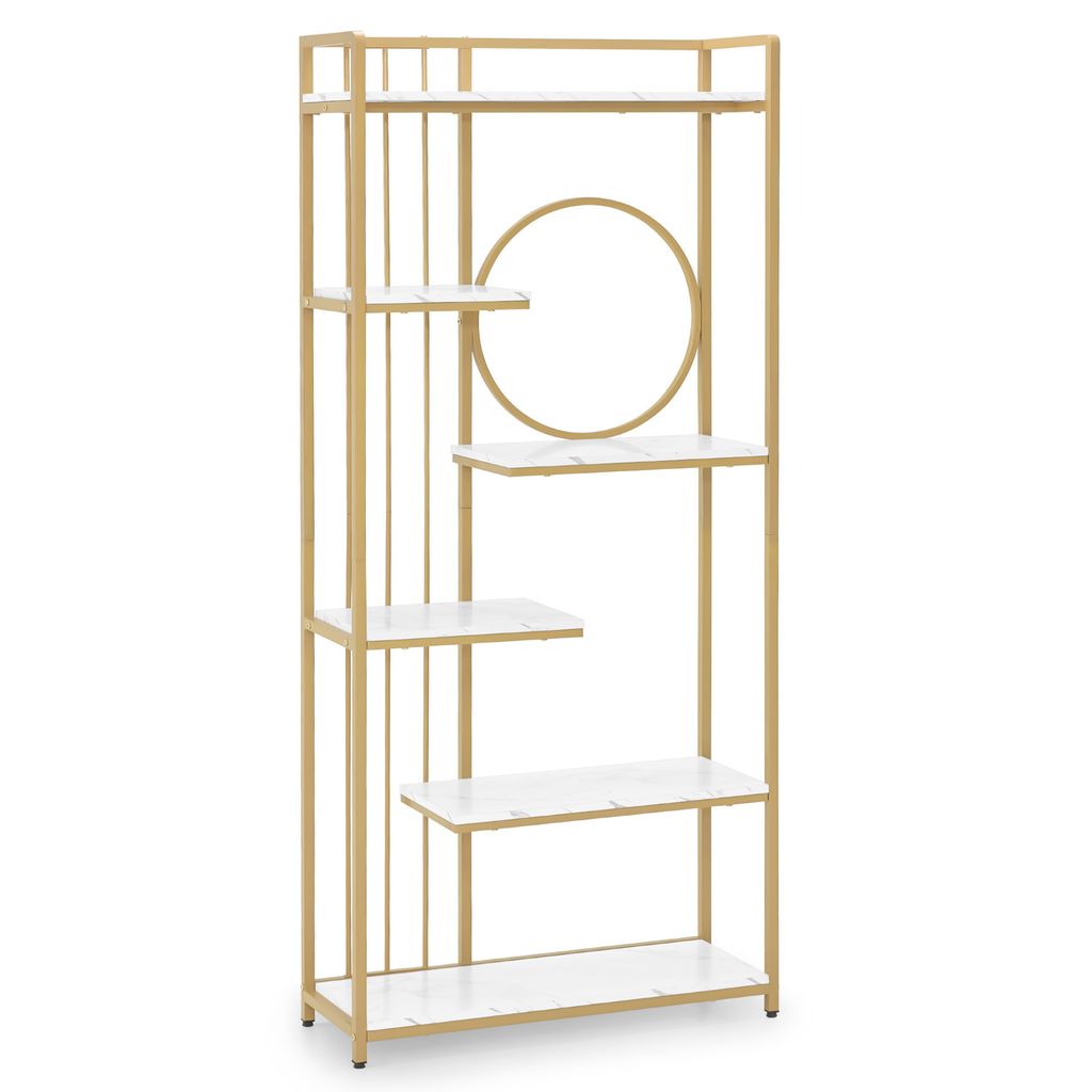 Bücherregal, Standregal mit 6 Ebenen, Büroregal mit Metallrahmen, Regal für Büro, Wohnzimmer, Schlafzimmer, Küche, Marmor-Weiß, Gold 5180