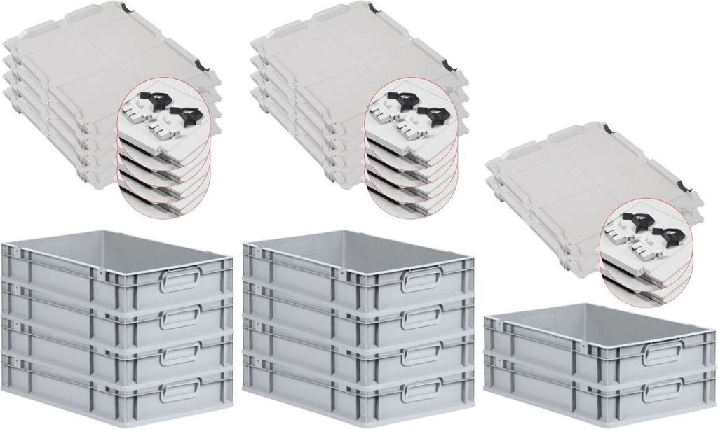 SuperSparSet 10x Eurobox NextGen Economy mit Scharnierdeckel und schwarzen Schiebeschnappverschlüssen | Griffe geschlossen | HxBxT 12x40x60cm | 23...
