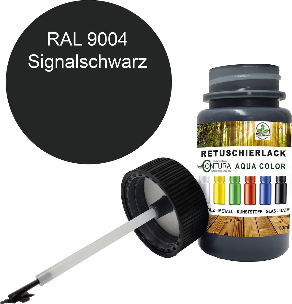 Reparaturlack Lackstift RAL Lack Pinselflasche 50ml. Farbe Holz Metall Möbel Auto Bad Retuschierlack - RAL 9004 Signalschwarz