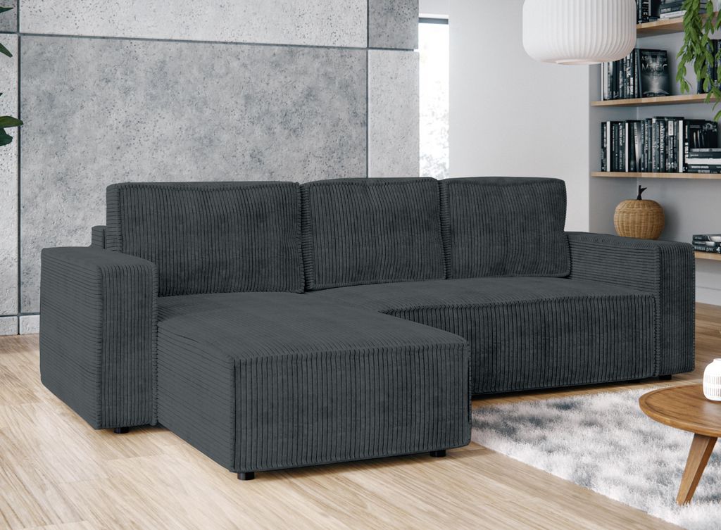 AX LIVING Ecksofa L Form Aydin Cord Schlafsofa Grau Schlaffunktion 258