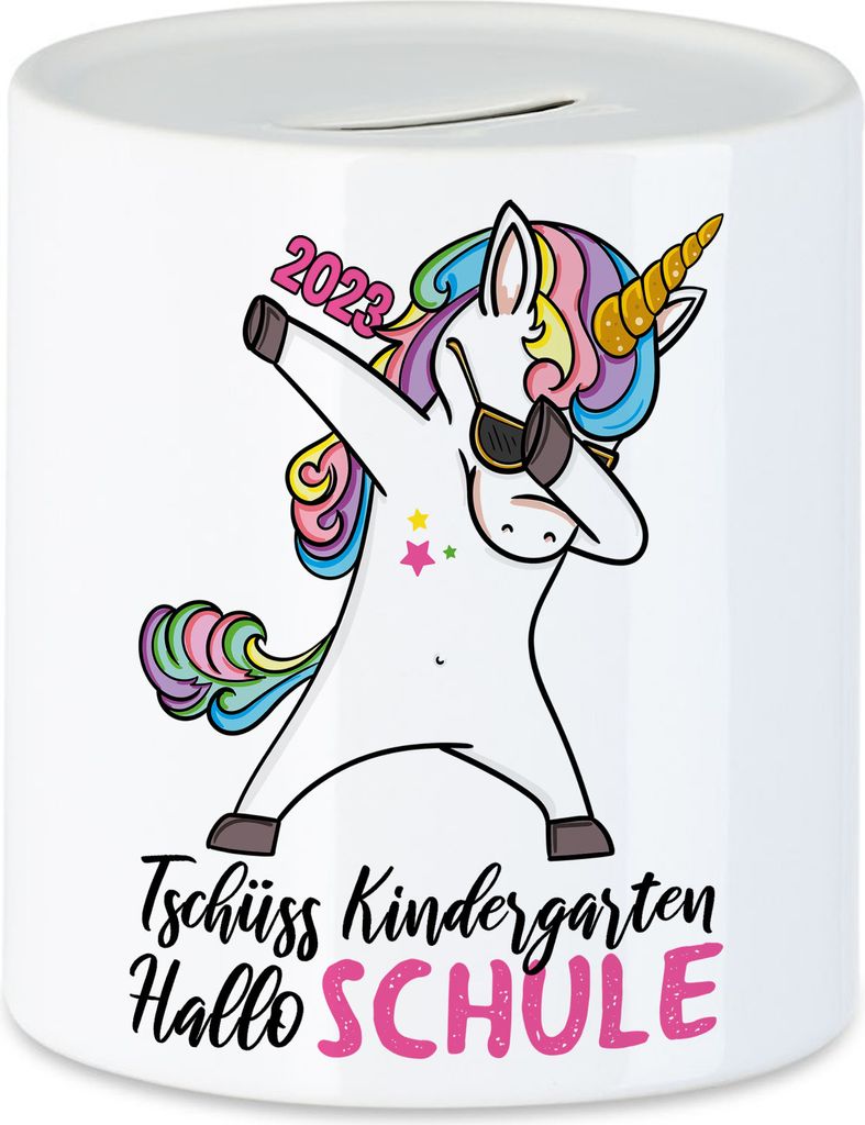 Tschüss Kindergarten Hallo Schule 2023 Spardose Einschulungsgeschenk Einhorn Unicorn Fans