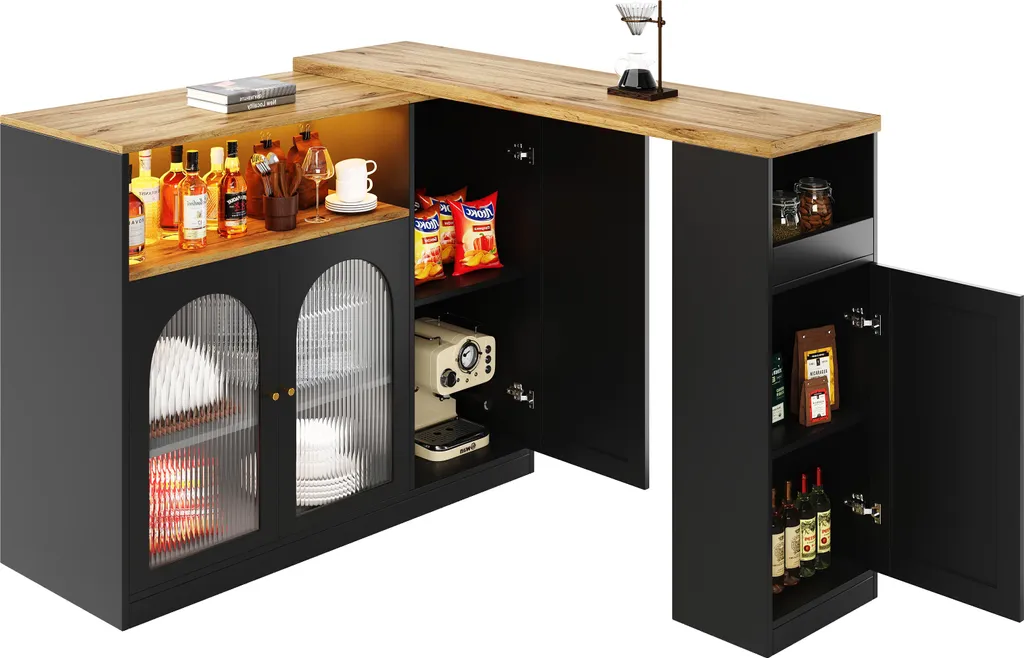 Fortuna Lai Table de bar pivotante 360 avec rangement LED et bois veiné - 6