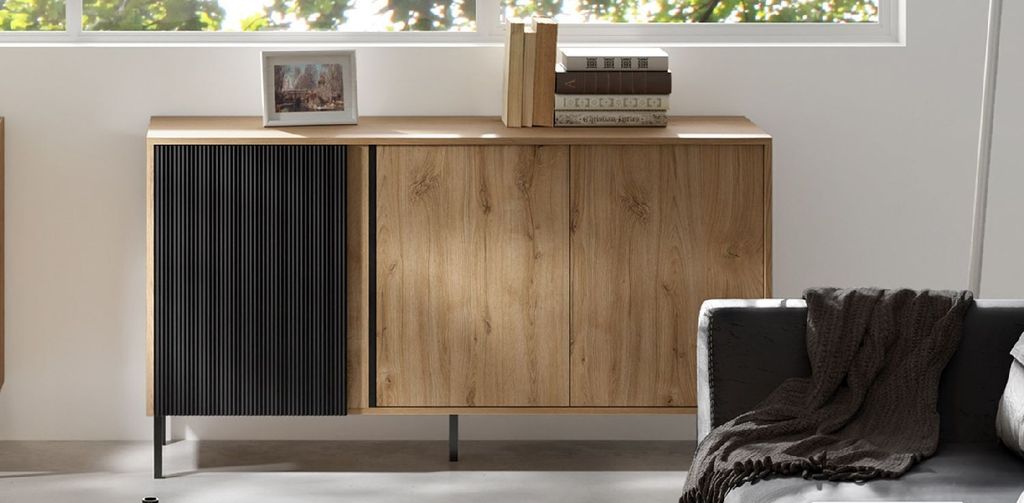 Kommode 2 MIA 145 cm mit geriffelte Fronte 3 Türen Sideboard Metallbeine Ewige Eiche / Schwarz