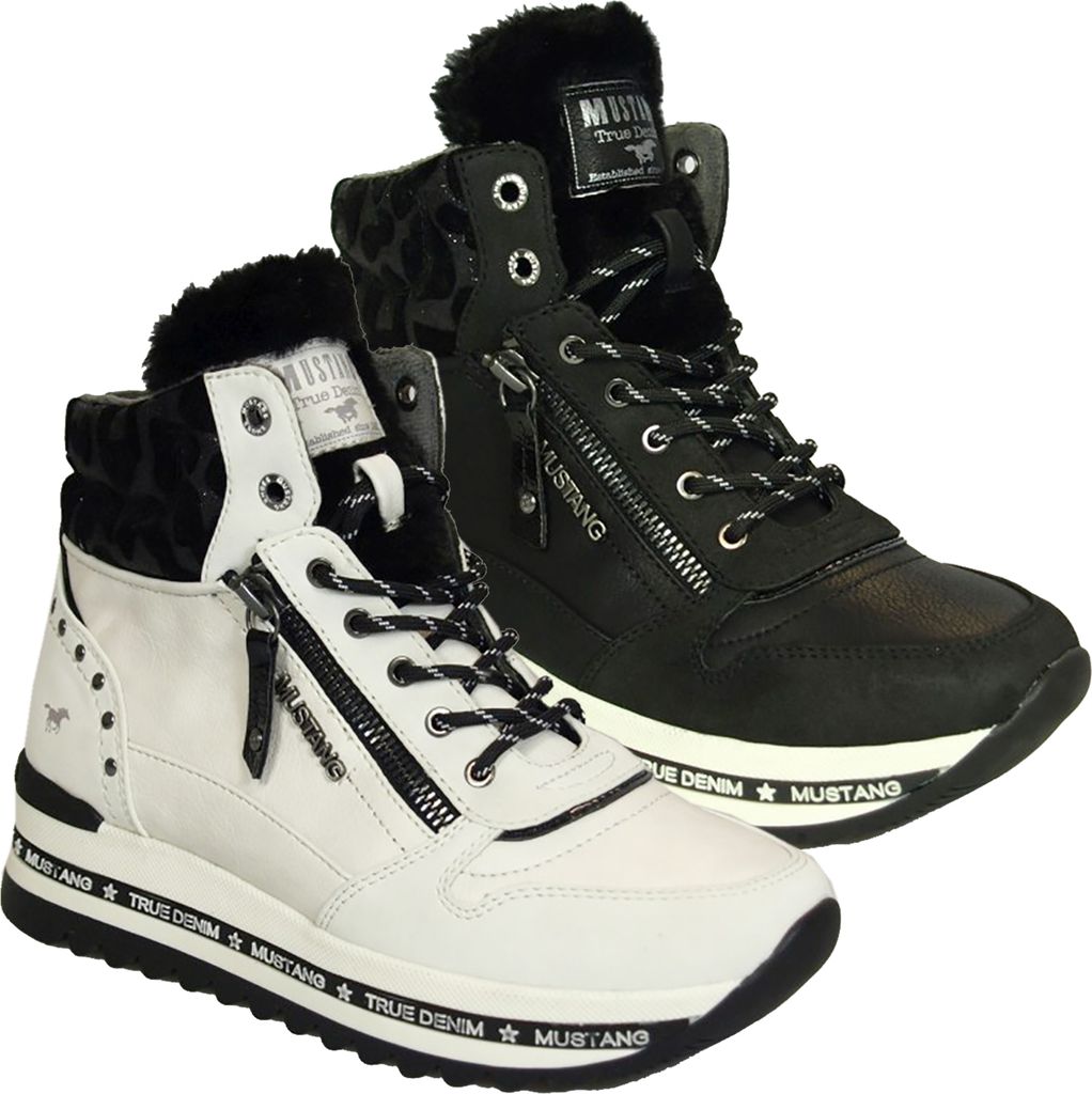 Two pairs of high-top sneakers, one white and one black, are displayed side-by-side against a white background.