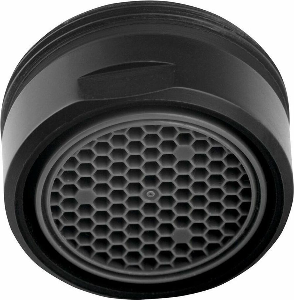 A close-up, front-facing view of a black faucet aerator with a hexagonal mesh.