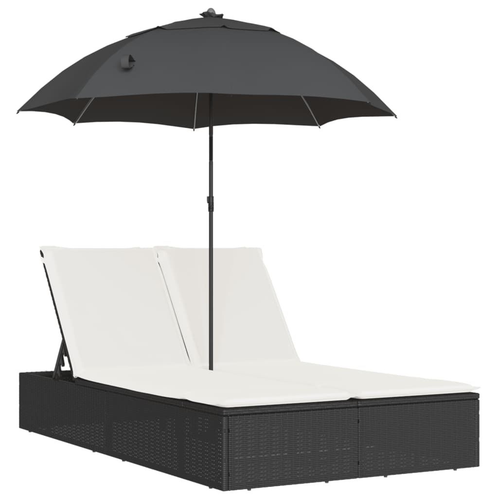 "SALE 2026"Liegestuhl/Relaxliege - Doppel-Sonnenliege mit Kissen&Sonnenschirm Schwarz Poly Rattan - 200x164x176cm - 200x164x176cm - Gartenliegen DE...