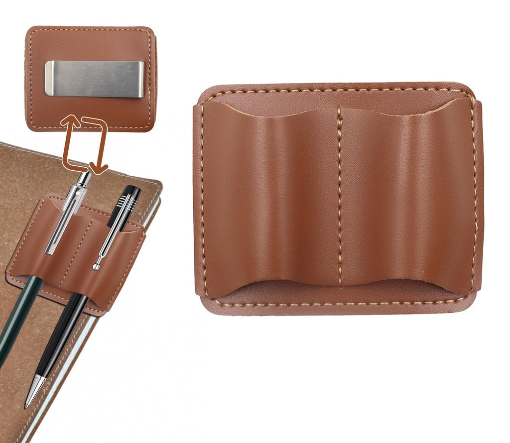 Leder-Stifthalter für Notizbücher, 7,4 x 5,8 cm, handgefertigter kleiner Stifthalter mit Clip, Doppelschlitz, für Planer, Buch, Klemmbrett (braun)