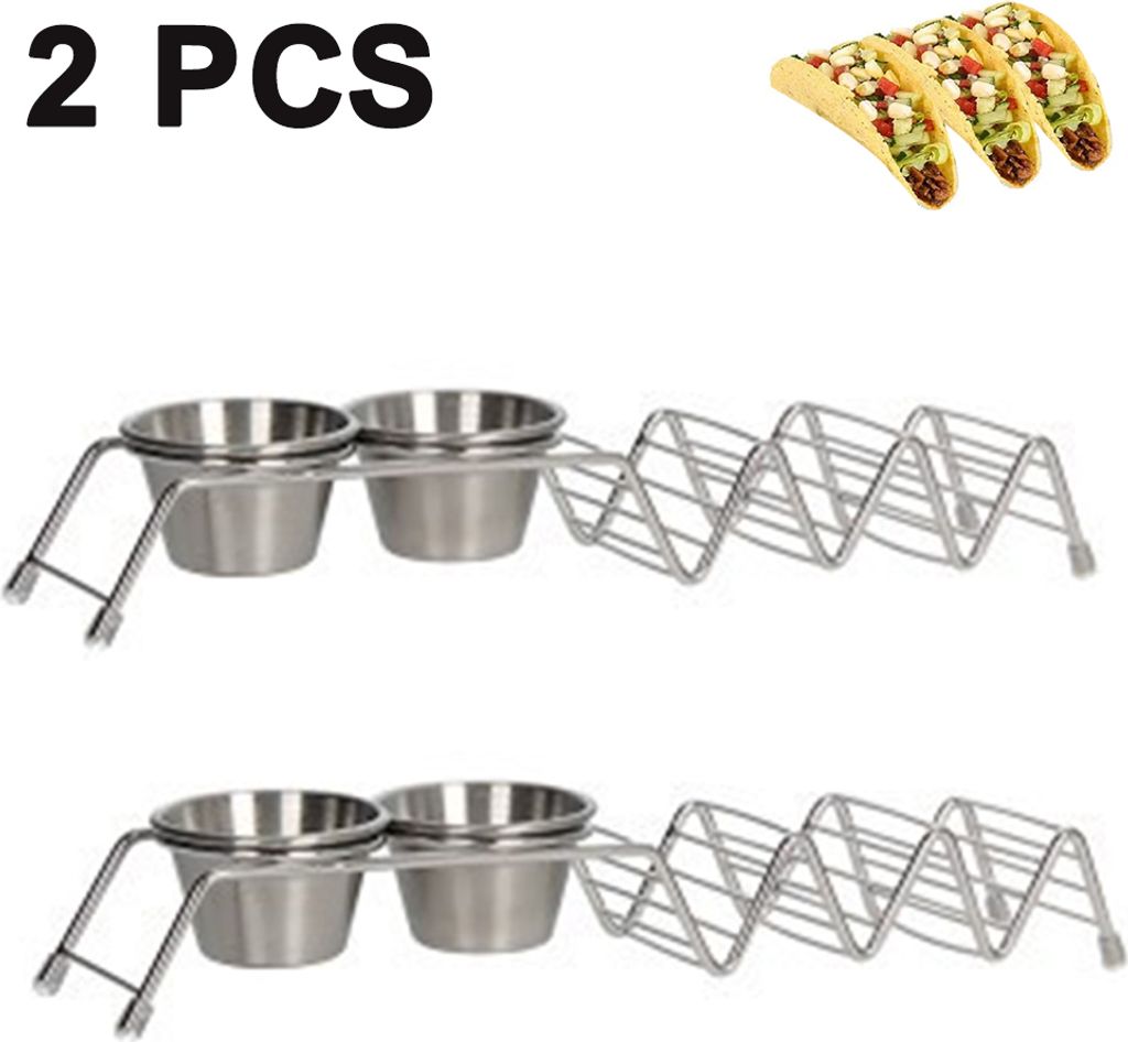 Taco-Schalen-Halter zum Aufstellen – 2er-Pack Taco-Tabletts aus hochwertigem Edelstahl mit 2 Salatbechern, fasst jeweils 3 Tacos und hält die Sc...