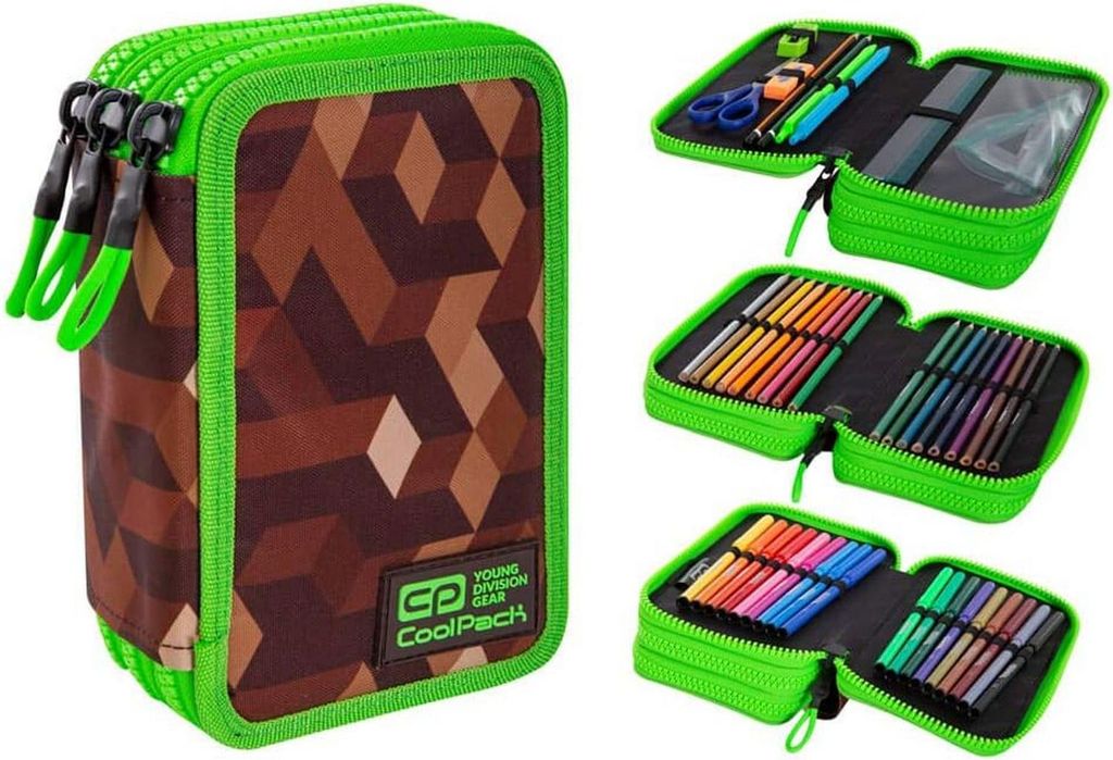 A collage of images showing a pencil case and its contents.