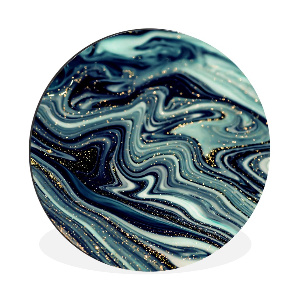 MuchoWow Aluminium Wandkreis Marmor - Gold - Blau - Glitter - Marmoroptik - Abstrakt Ø 90 cm Wanddeko Modern Wohnzimmer - Mauerkreis - Wandbilde...
