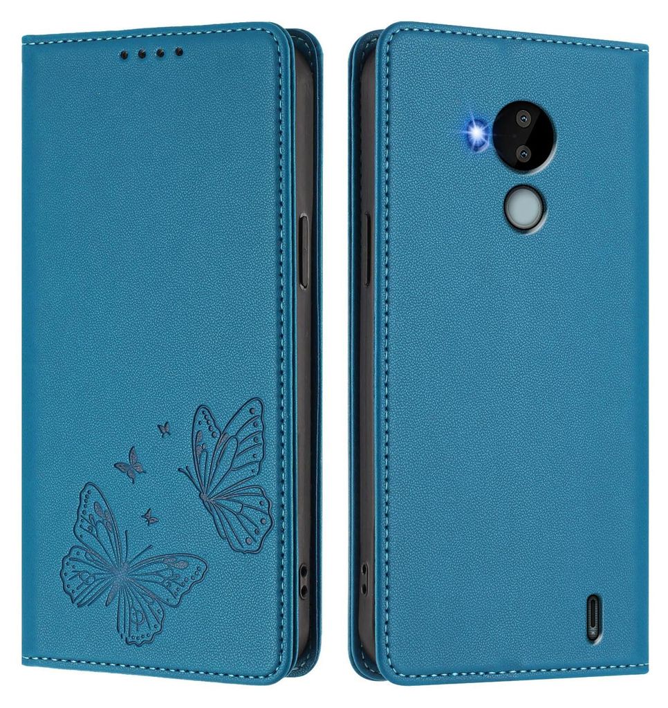 Lederhülle für Nokia C30, Schmetterling Prägung Leder Brieftasche Schutzhülle mit Ständer Blau