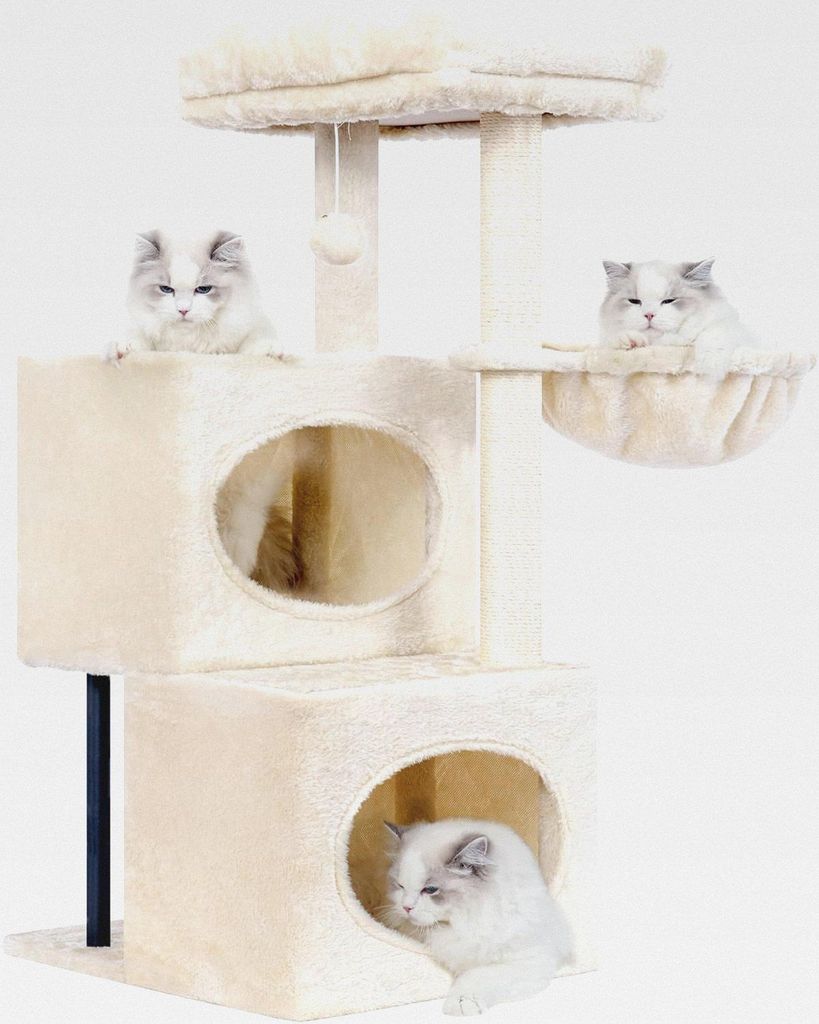 Kratzbaum, 92 cm Gestufter Kleiner Kratzbaum mit Großem Plateau, 2 Schlafplätzen, Vollständig Sisalumwickelten Säulen und Plüsch-Pompom mit Gl...