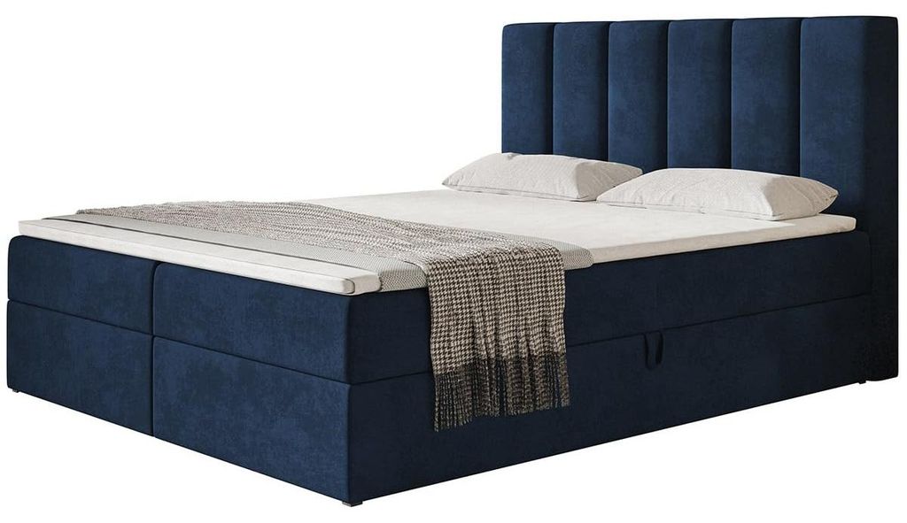 Boxspringbett Tokio 180x200, Bett mit Stauraum und Bonell-Matratze, Dunkelblau