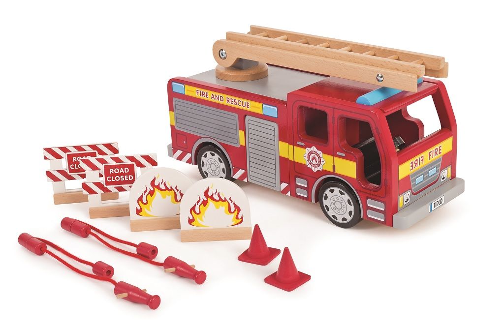Tidlo Feuerwehrwagen Holzspielzeug mit Zubehr rot 37 cm