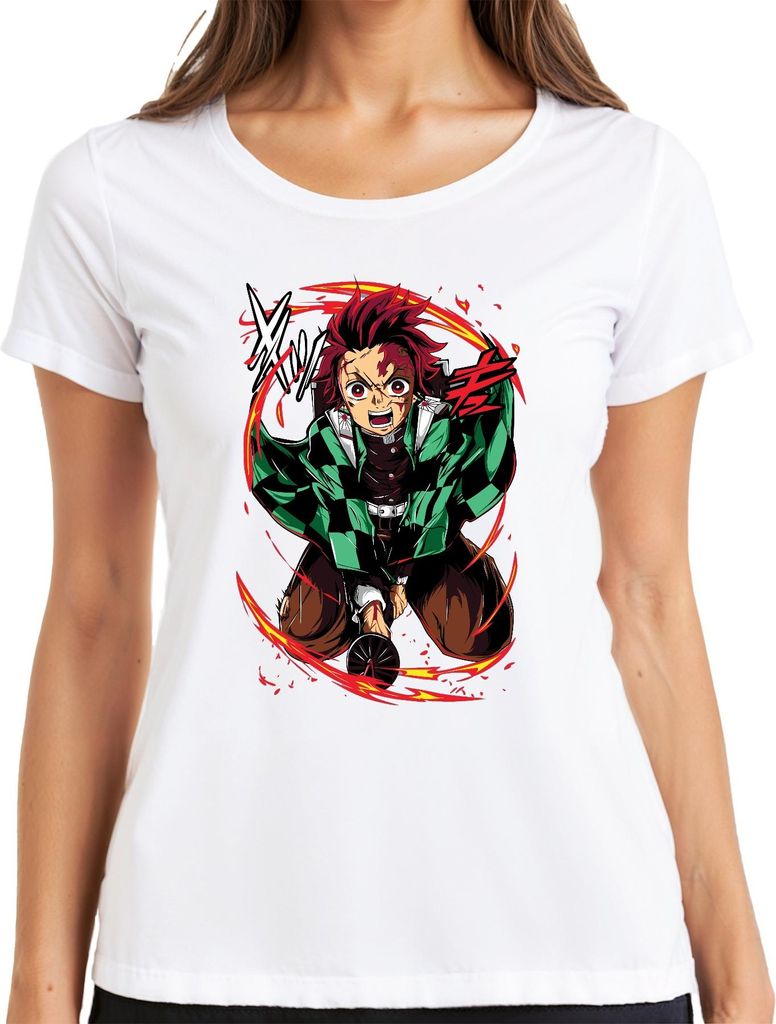 Tanjiro Kamado Dämonenjäger Schwert Flammen Anime Geschenk Damen T-Shirt, Weiß, M