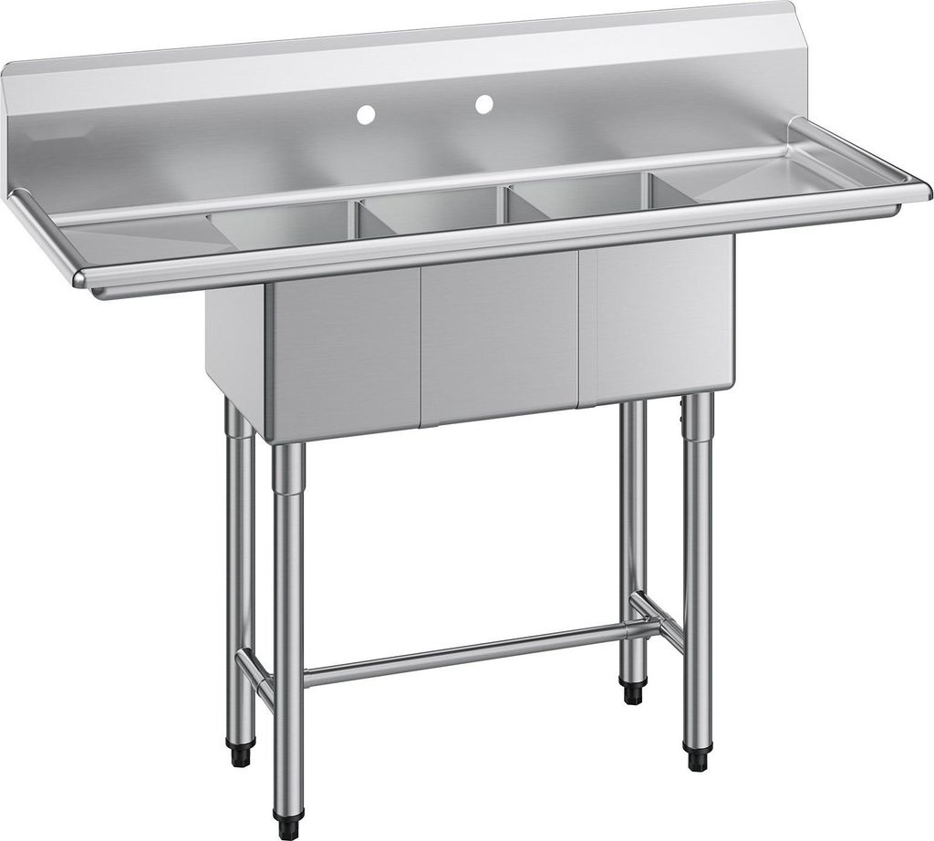 Gastrospüle aus Edelstahl - 3-Becken Küchenspüle - 2 Abtropfflächen - Mit Spritzschutz - 1372 x 508 x 1097 mm - Für Imbisswagen & Gastronomie ...