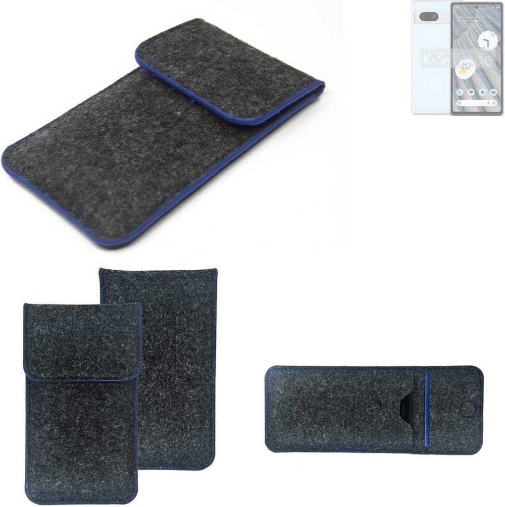 K-S-Trade Handy-Hülle Schutz-Hülle kompatibel mit Google Pixel 7a Filztasche Pouch Tasche Case Sleeve Filzhülle dunkelgrau, blauer Rand