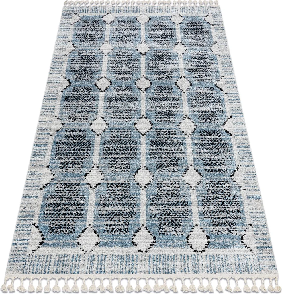 Tapis de salon bleu et beige BELLE BR22A avec pompons chic 80x150cm