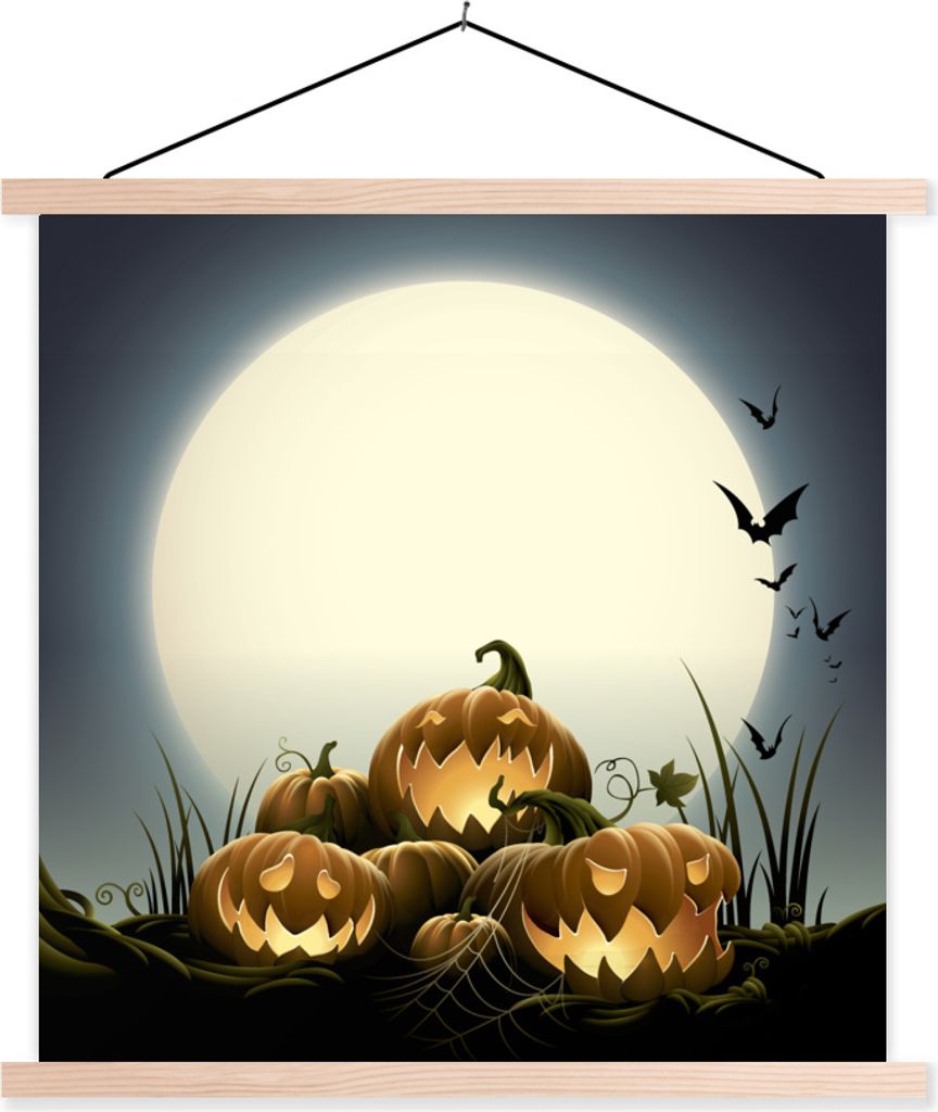 MuchoWow Textilposter Eine Illustration von lachenden Kürbissen zu Halloween 120x120 cm mit holzfarbenen Rahmen - Textil-Poster