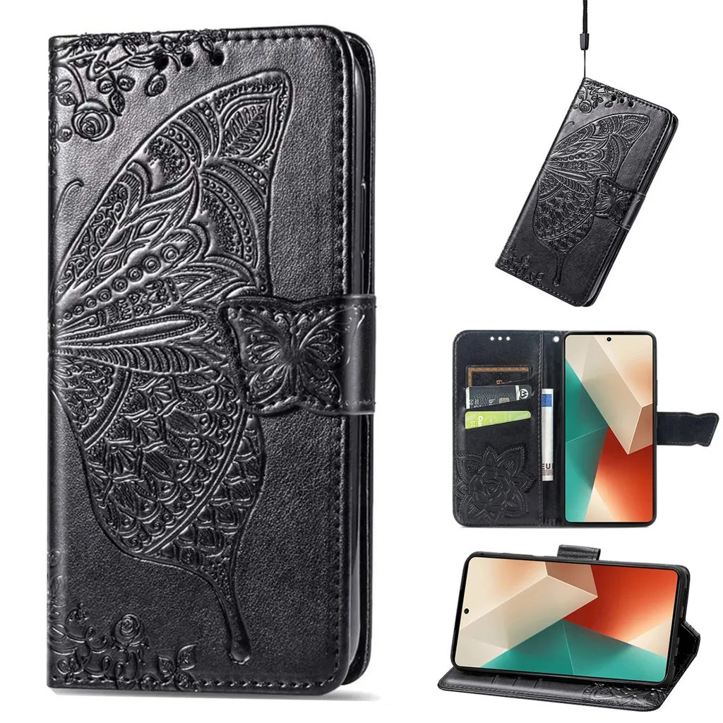 Per Xiaomi Poco M6 Pro 4G / Redmi Note 13 Pro 4G Portafoglio Cellulare Custodia Farfalla Design Cover Custodia Nero
