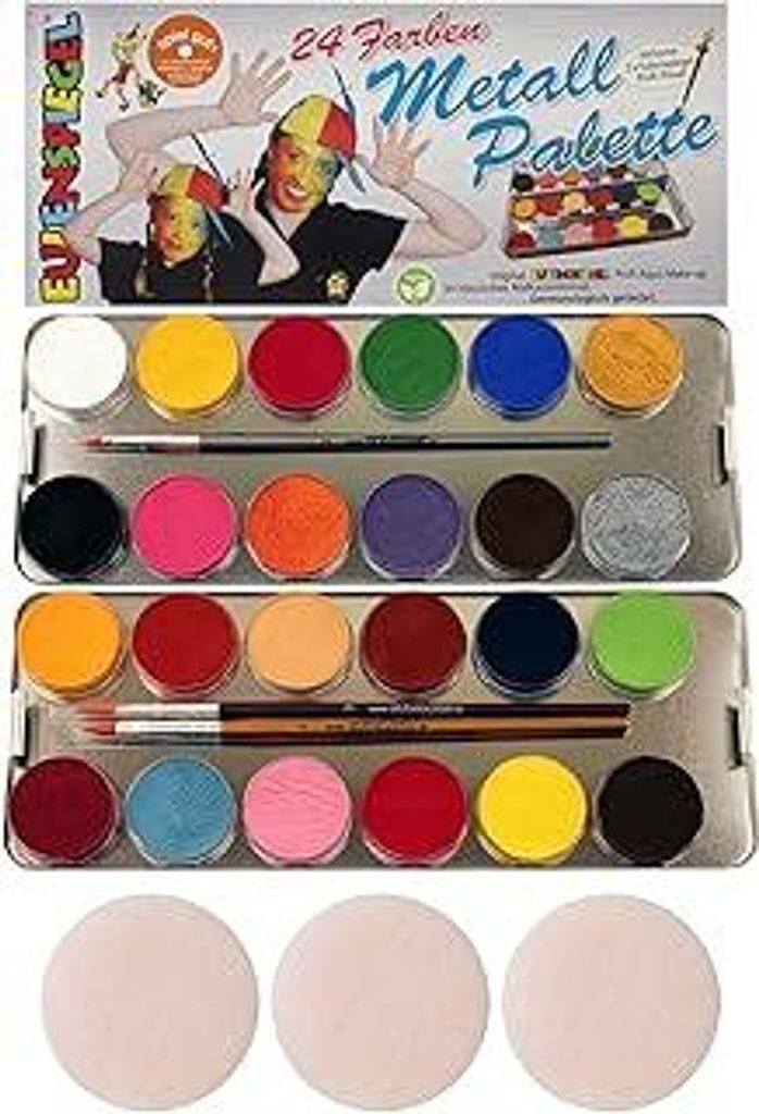 Eulenspiegel 224007 - Profi-Aqua Schminke, 24 Farben, 3 Profi-Pinsel, 3 Schwämme, Metall-Palette