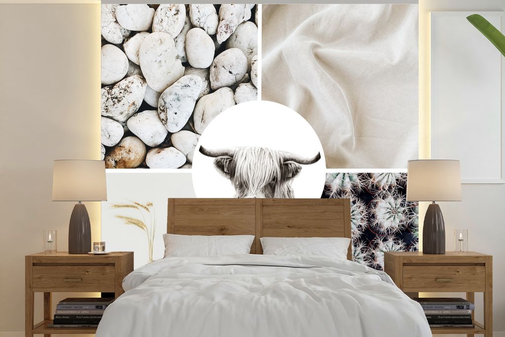 MuchoWow Fototapete für Wohnzimmer oder Schlafzimmer Wandtapete Vinyl Motivtapete Schottischer Highlander - Steine - Kaktus - Weiß - 240x240 cm...