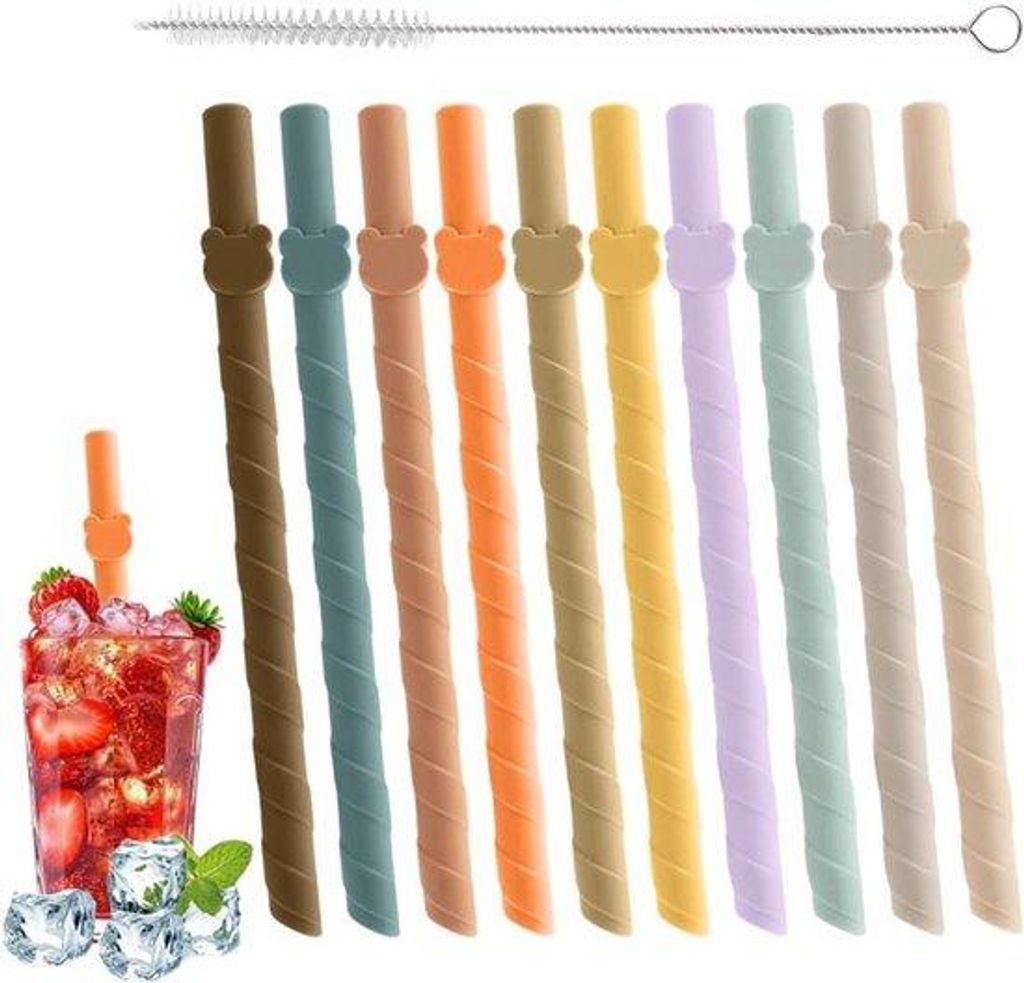 Silikonreusen mit Reinigungsbürste - 17,5cm, farbig, BPA-frei, wiederverwendbar für Saft, Milch, Tee, Kaffee, Smoothies, Cocktails