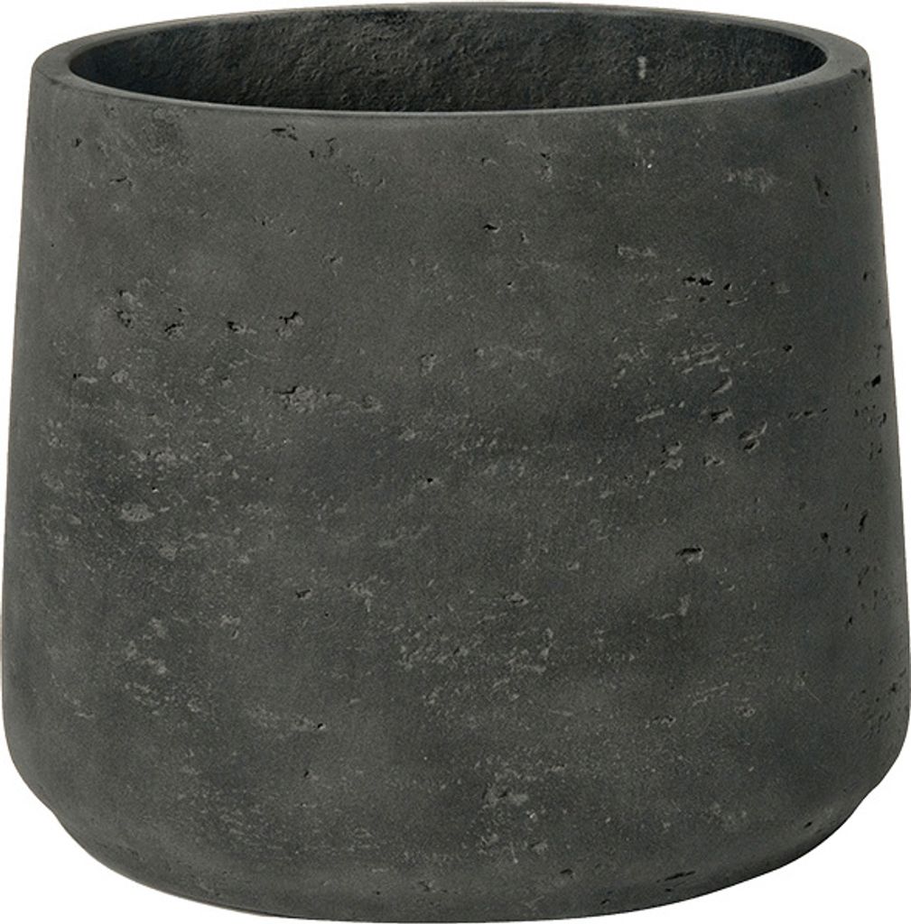 A dark gray, textured pot with a slightly tapered shape and a wide opening.