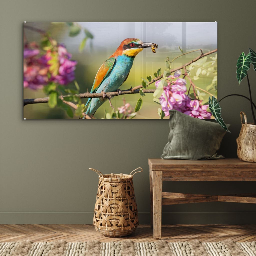 MuchoWow Glasbilder - Bilder auf Wandbild - Foto auf Glas Vogel - Bienenfresser - Blumen 120x60 cm Wanddekoration aus Glas - Acrylglasbild - Acrylb...