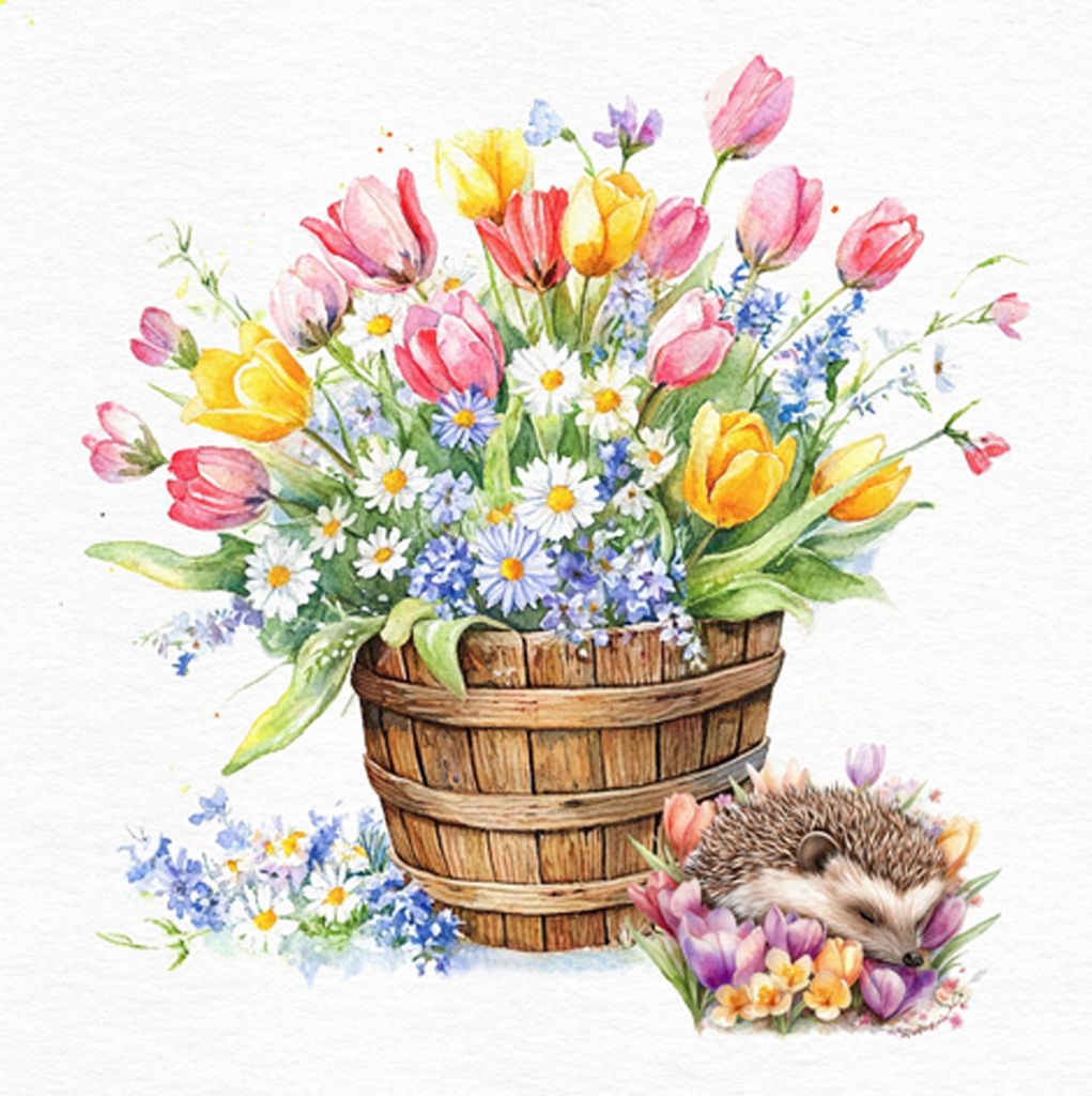 Servietten Papier 33x33cm 3-lag. mit Blumen & Igel Motiv 20 Stück